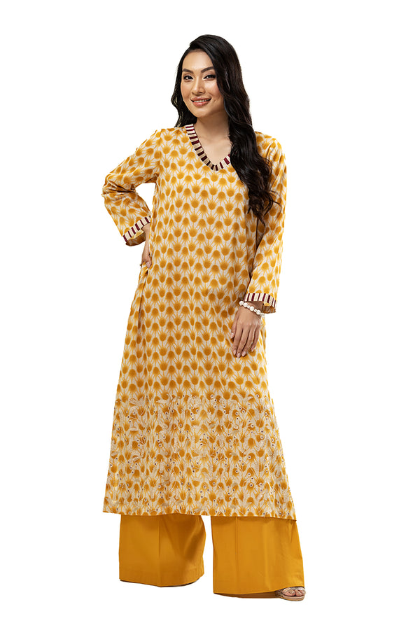 PE22-25-Printed Embroidered Long shirt With Trousers 2PC