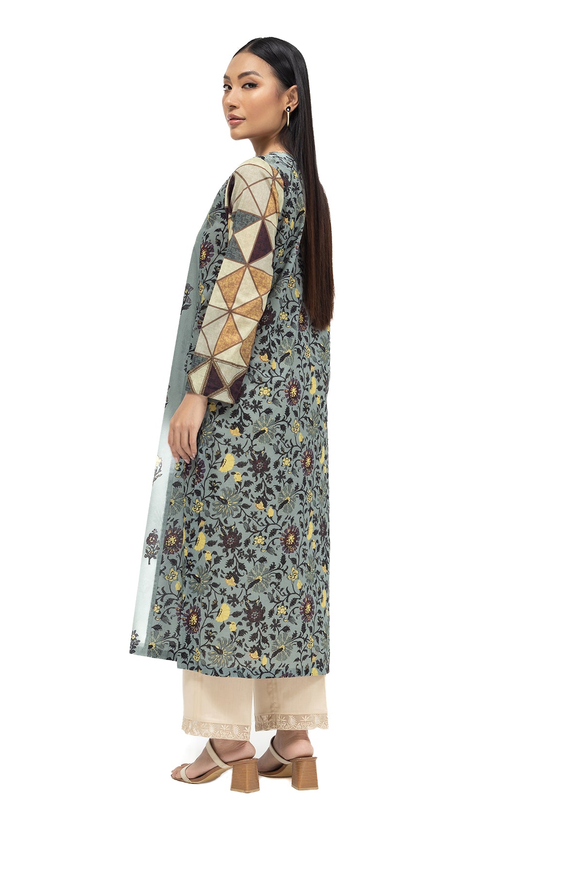 PE22-43-Printed Embroidered Paneled Shirt 1PC