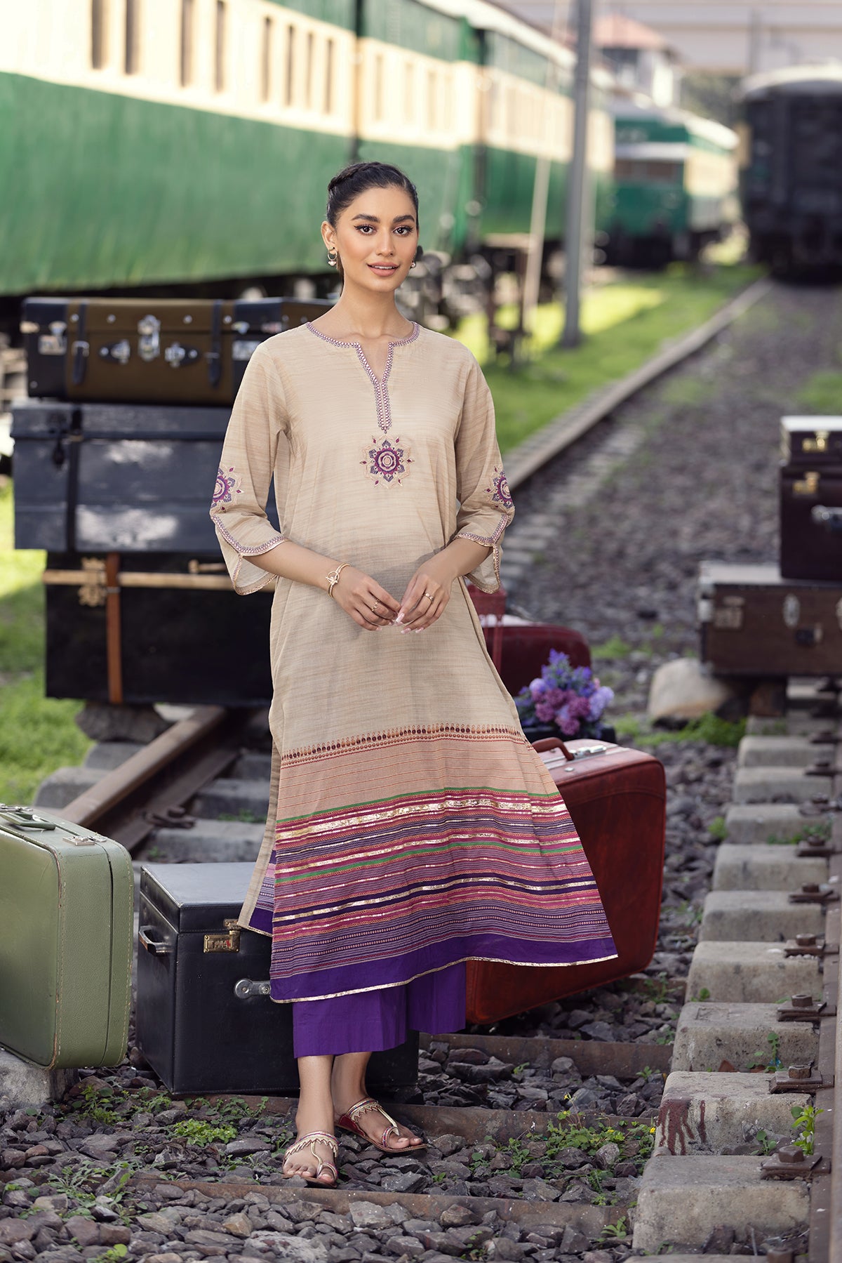 PE22-64-Printed Embroidered Shirt With Trousers 2PC