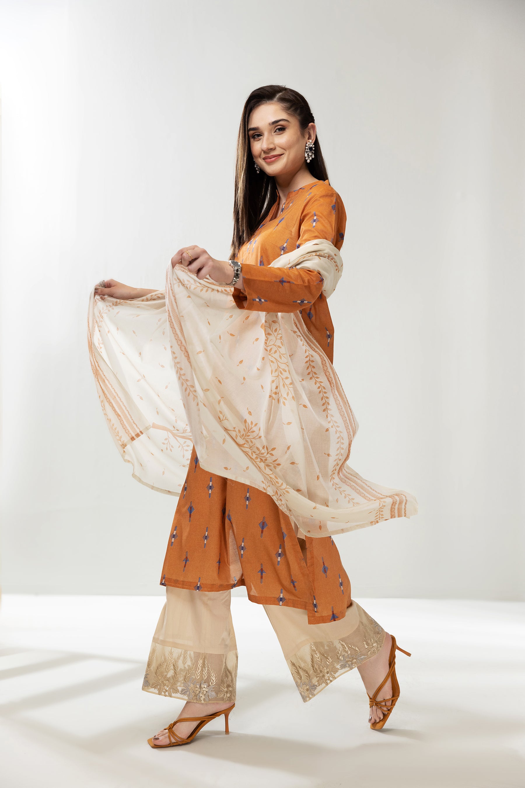 PE22-95-Band Neck Printed Shirt with Dupatta 2PC