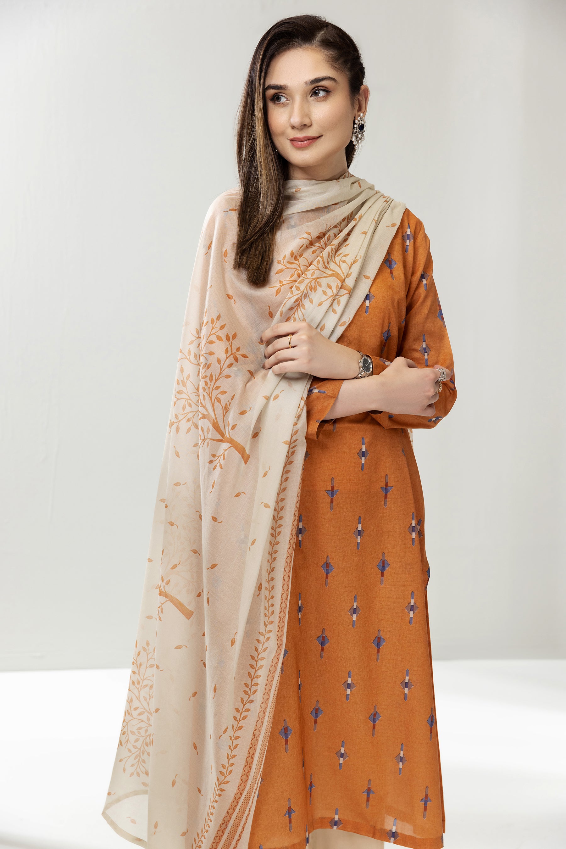 PE22-95-Band Neck Printed Shirt with Dupatta 2PC