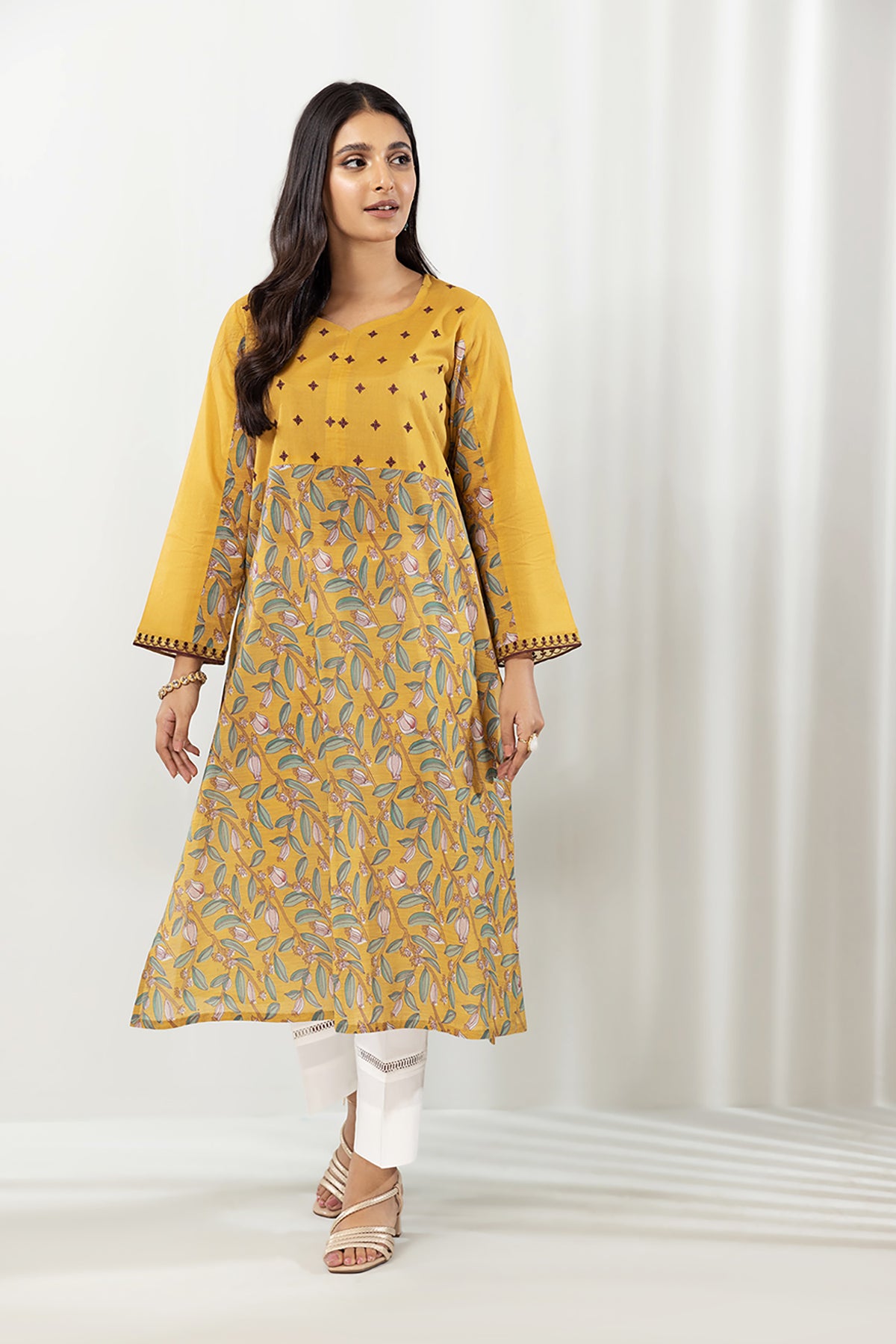PE22-99-Printed Embroidered Long Shirt 1PC