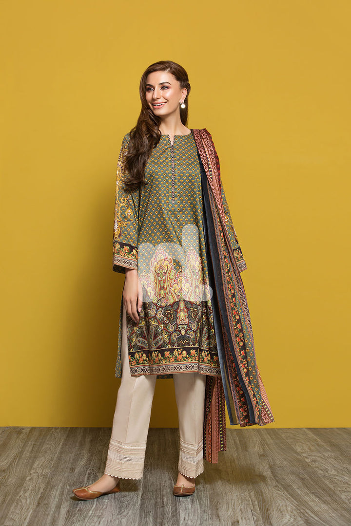 PPE19-19 Green Printed Embroidered Stitched Lawn Shirt & Printed Voil Dupatta - 2PC - Nishat Linen UAE