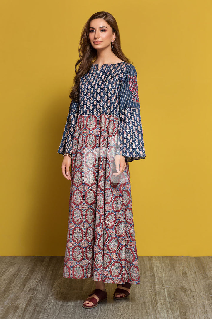 PPE19-34 Navy Printed Embroidered Stitched Lawn Long Dress - 1PC - Nishat Linen UAE
