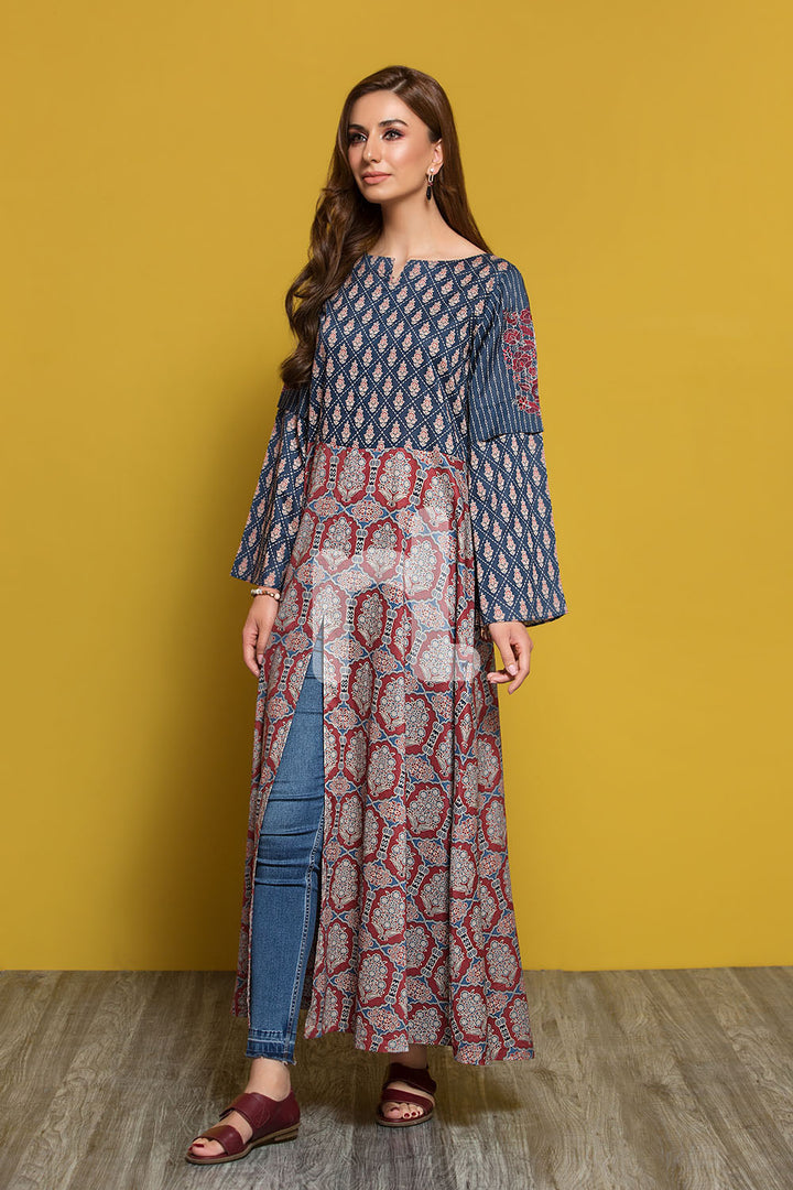 PPE19-34 Navy Printed Embroidered Stitched Lawn Long Dress - 1PC - Nishat Linen UAE