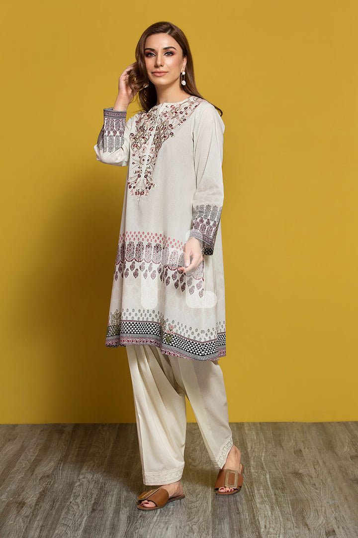 PPE19-36 Off White Digital Printed Embroidered Stitched Lawn Shirt - 1PC - Nishat Linen UAE