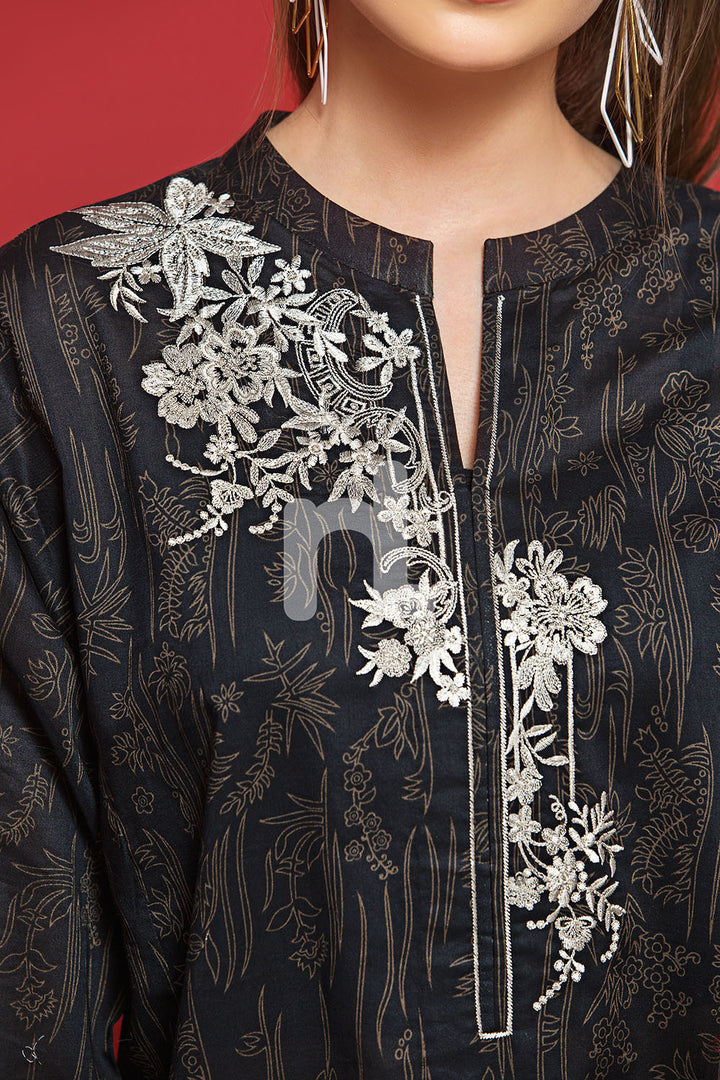 PPE19-49 Black Printed Embroidered Stitched Lawn Shirt & Printed Voil Dupatta - 2PC - Nishat Linen UAE