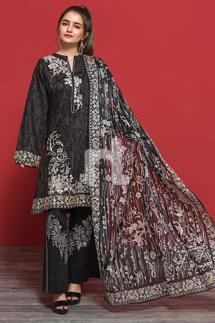 PPE19-49 Black Printed Embroidered Stitched Lawn Shirt & Printed Voil Dupatta - 2PC - Nishat Linen UAE