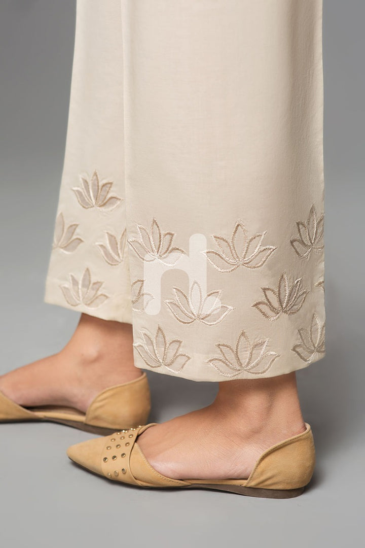 PS19-126 Beige Dyed Embroidered Stitched Straight Cambric Trouser For Women - Nishat Linen UAE