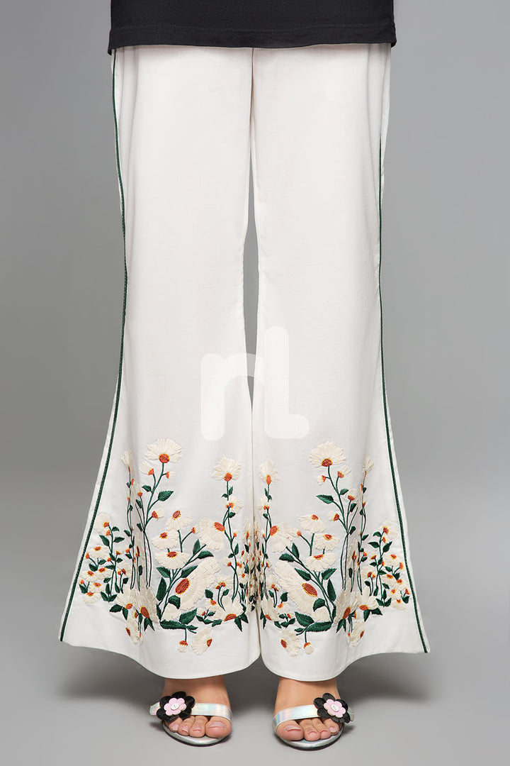 PS19-141 White Embroidered Stitched Boot Cut Cambric Trouser for Women - Nishat Linen UAE