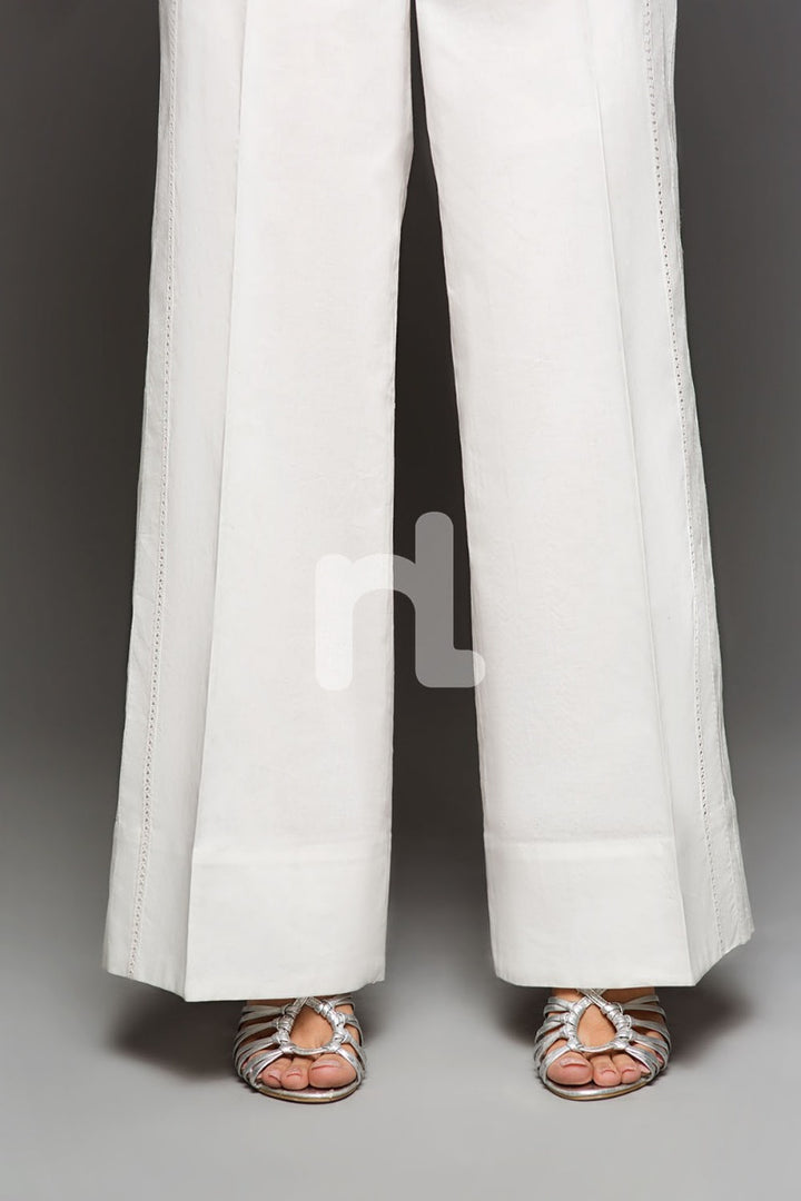 PS19-157 White Plain Dyed Stitched Loose Cambric Trouser For Women - Nishat Linen UAE