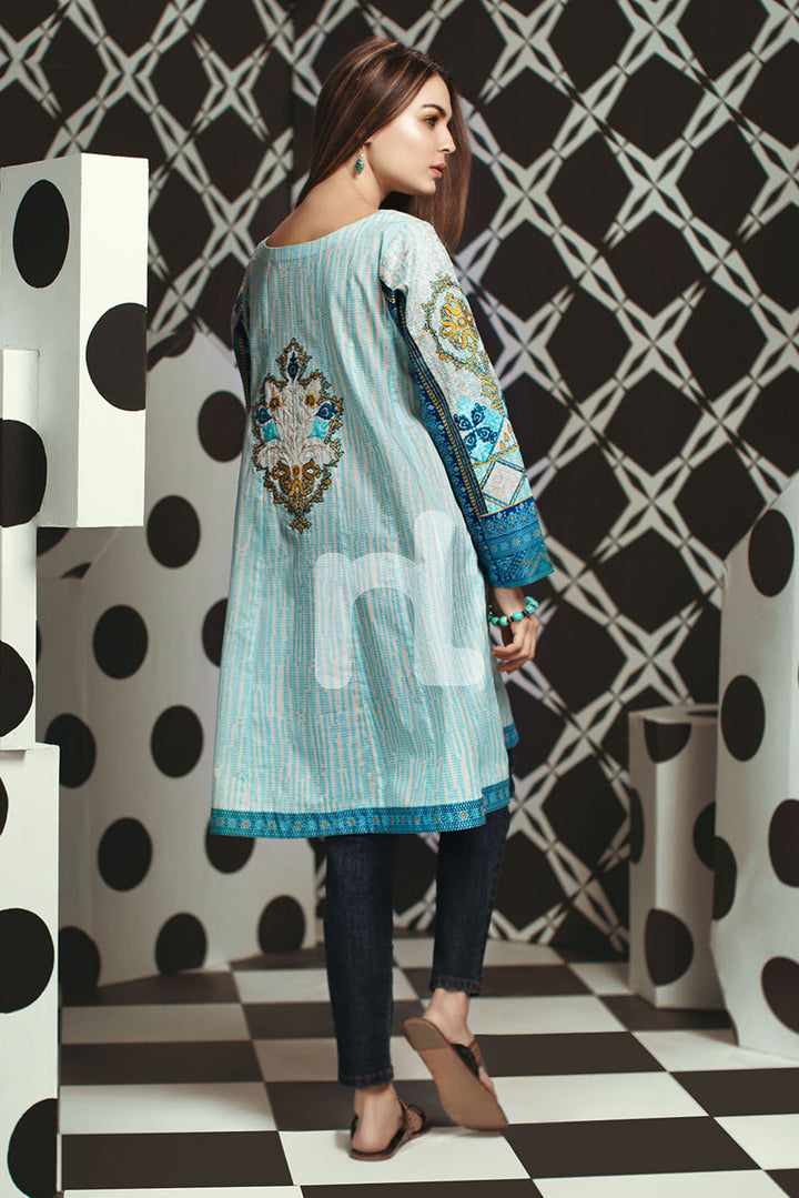 PS19-138 Blue Printed Embroidered Stitched Lawn Frock - 1PC - Nishat Linen UAE