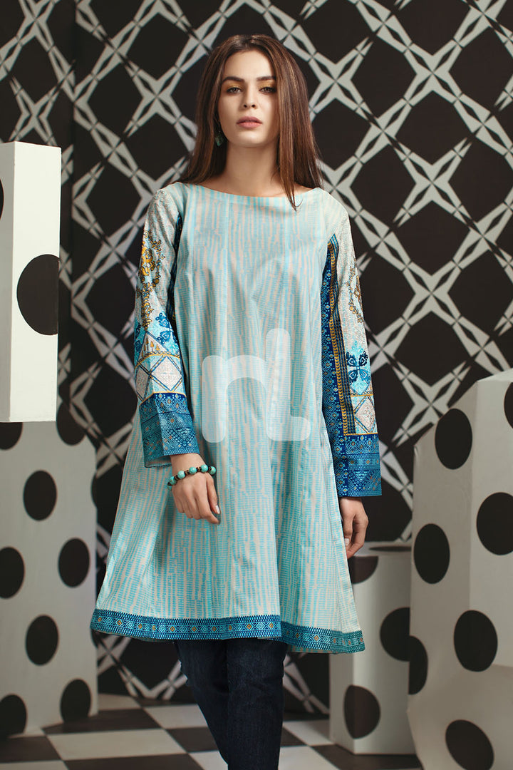 PS19-138 Blue Printed Embroidered Stitched Lawn Frock - 1PC - Nishat Linen UAE