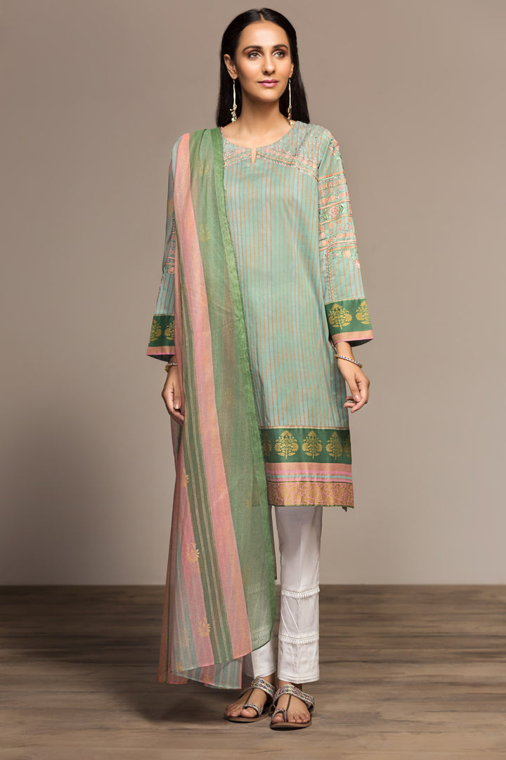 PS20-12 Gold Printed Embroidered Stitched Shirt & Cotton Net Dupatta - 2PC - Nishat Linen UAE