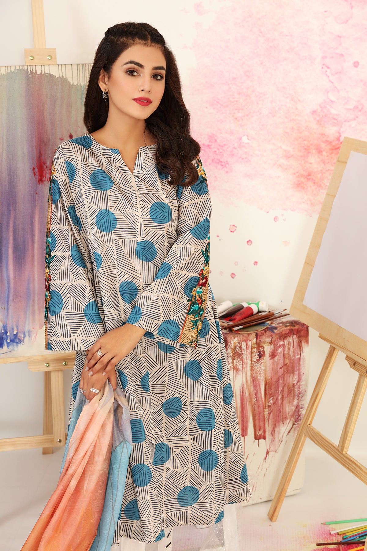 PS21-129-Embroidered Printed Lawn Shirt With Digital Printed Net Dupatta-2PC
