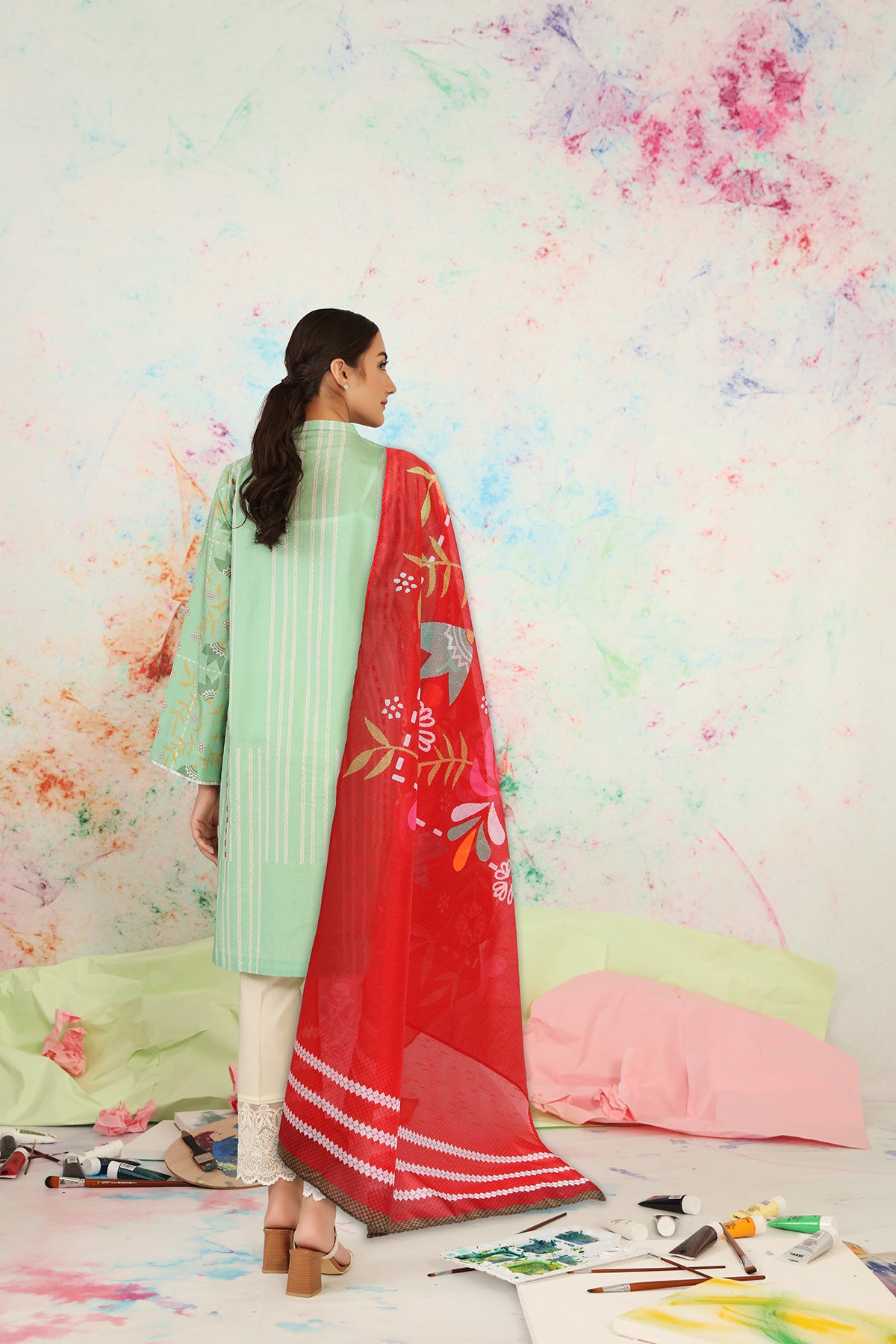 PS21-65-Printed Lawn Shirt With Fine Slub Net Dupatta-2Pc
