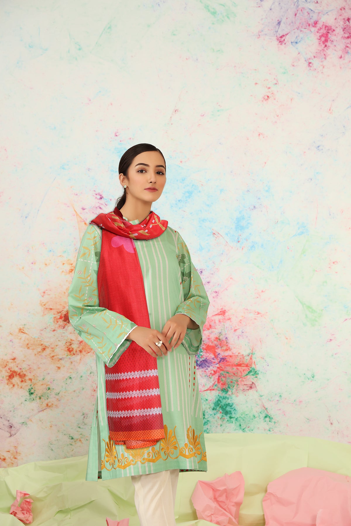 PS21-65-Printed Lawn Shirt With Fine Slub Net Dupatta-2Pc