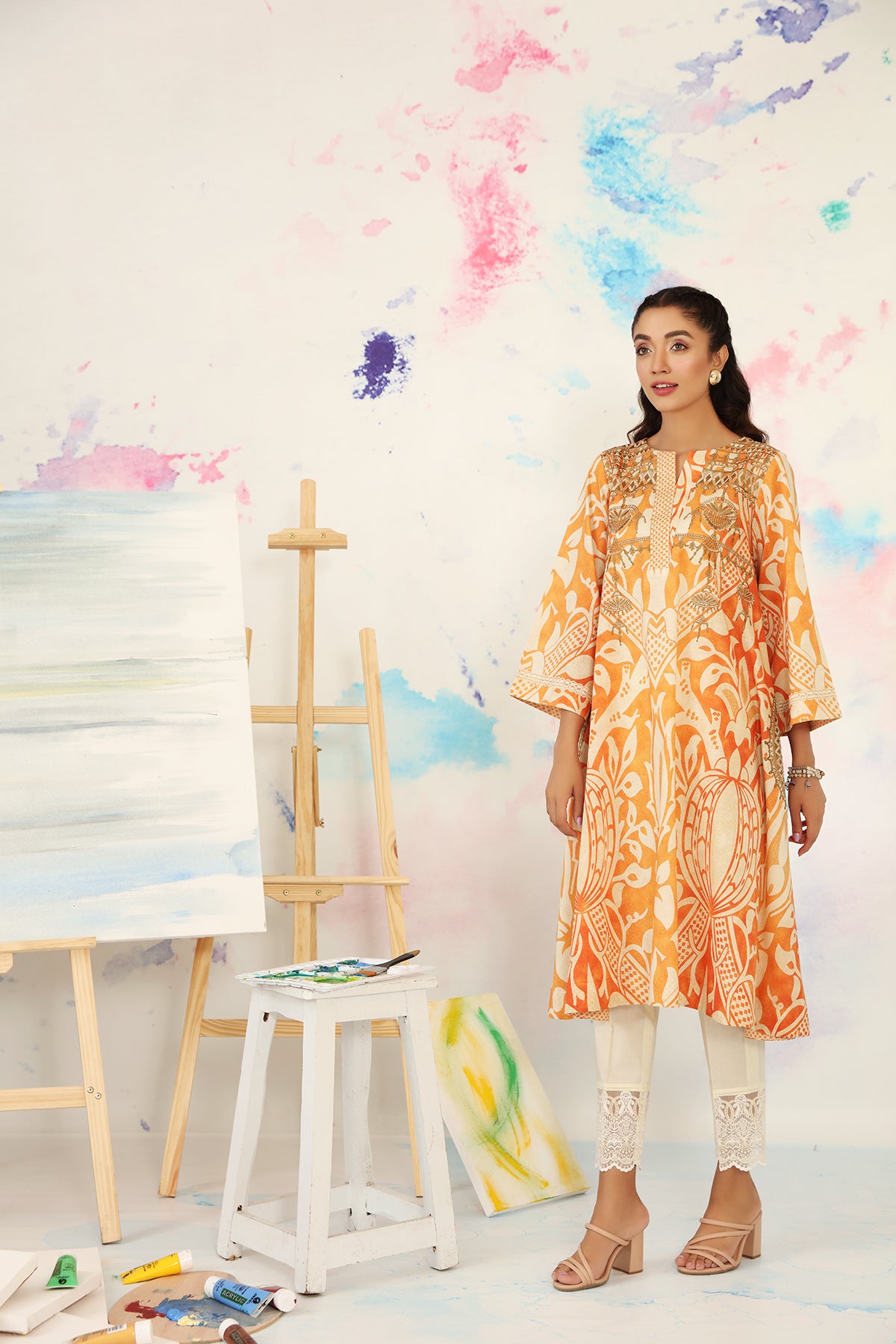 PS21-73-Printed Embroidered Flayered Gown