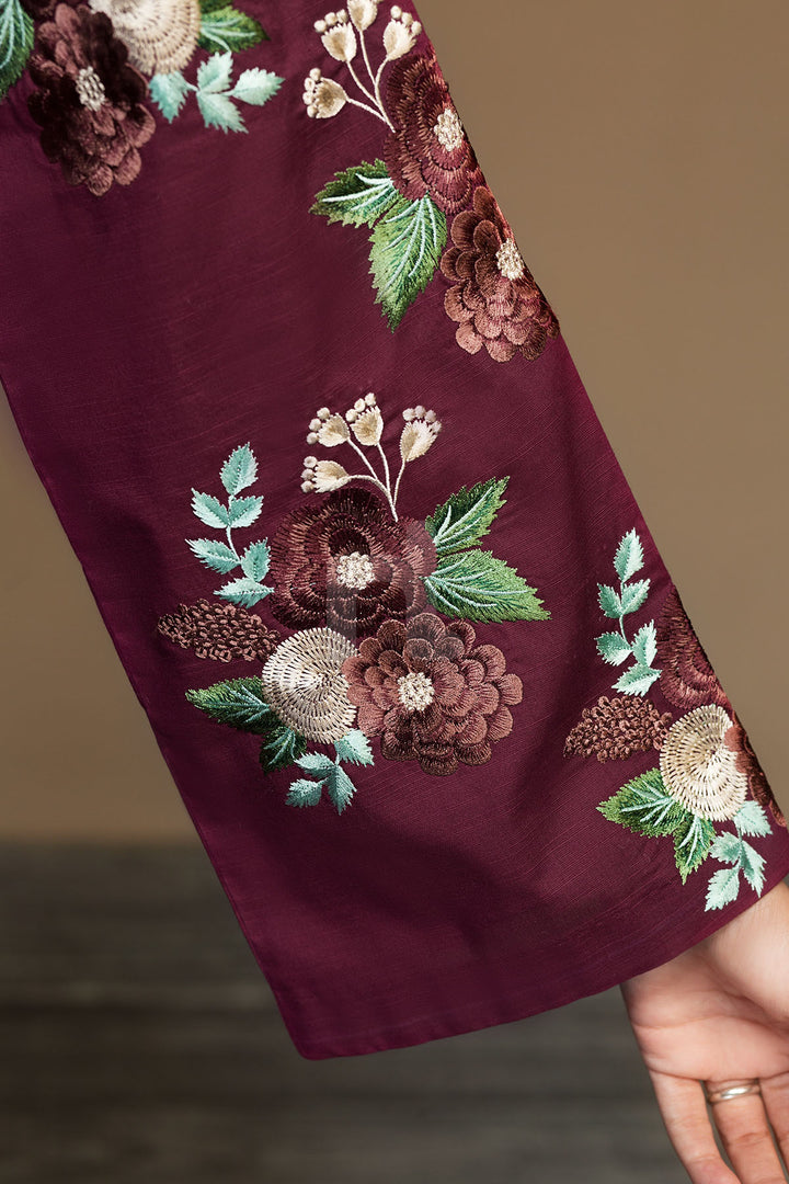 PW19-145 Maroon Dyed Embroidered Stitched Slub Lawn Shirt - 1PC - Nishat Linen UAE