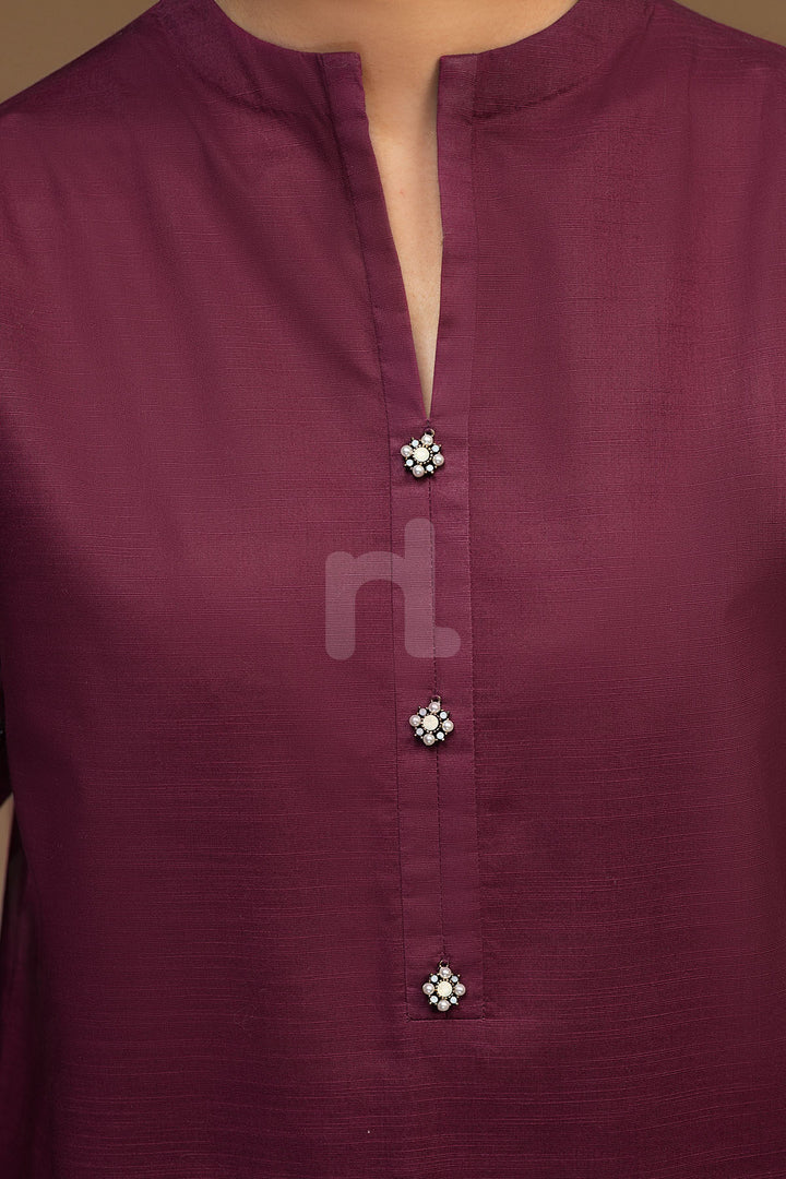 PW19-145 Maroon Dyed Embroidered Stitched Slub Lawn Shirt - 1PC - Nishat Linen UAE