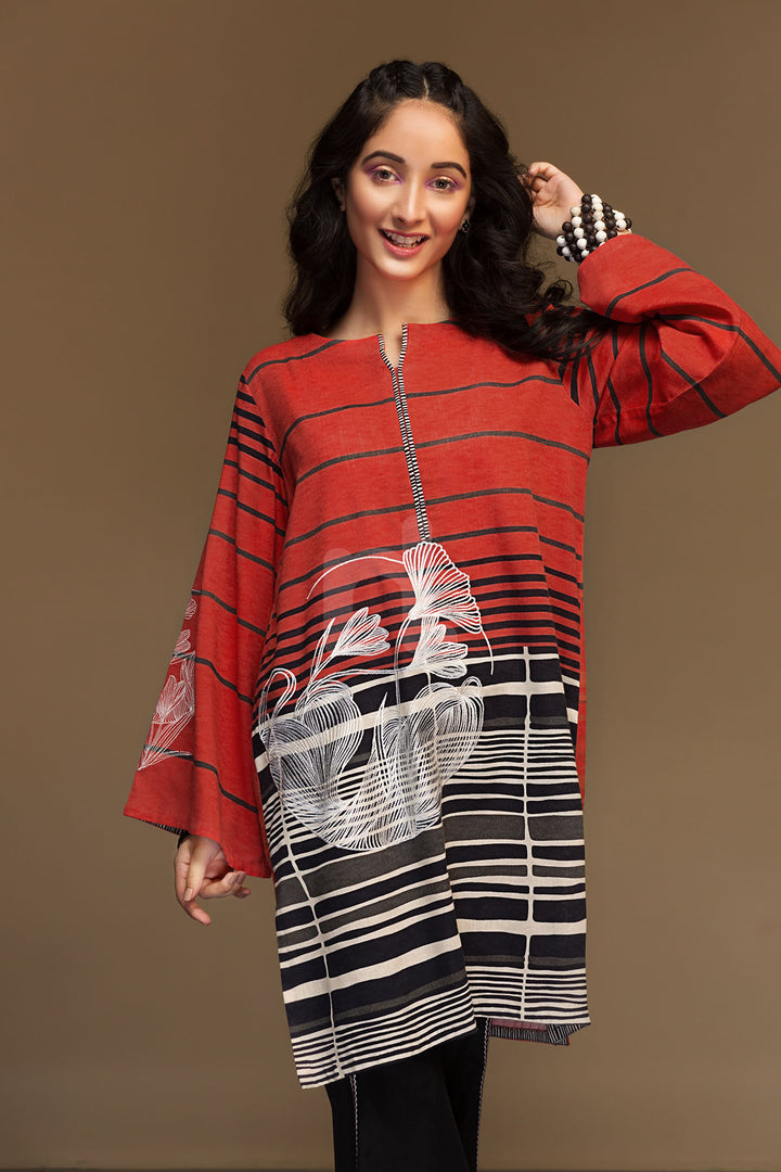 PW19-14 Orange Digital Printed Embroidered Stitched Cotton Karandi Shirt - 1PC - Nishat Linen UAE