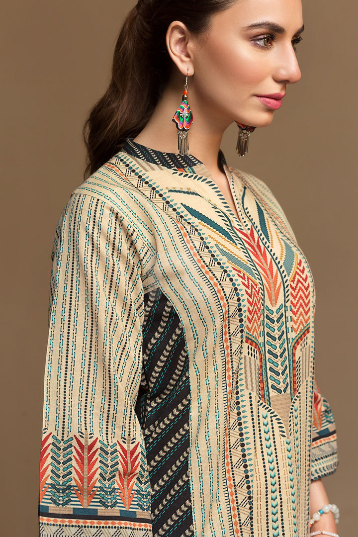 PW19-27 Beige Digital Printed Stitched Cotton Karandi Shirt - 1PC - Nishat Linen UAE