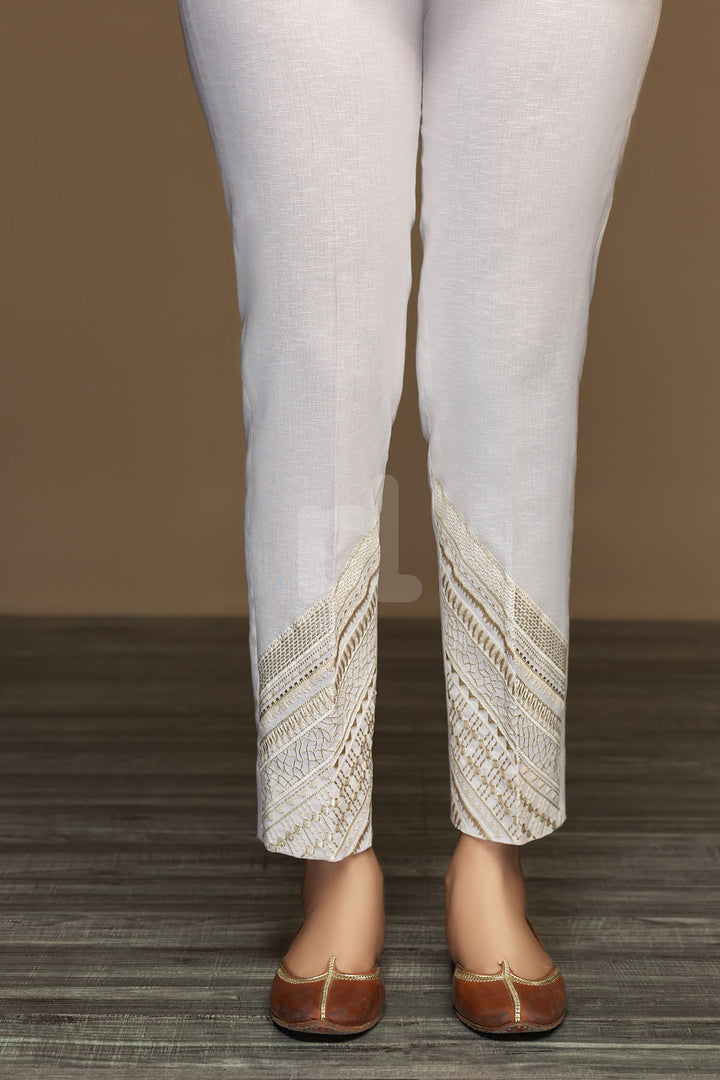 PW19-33 White Dyed Embroidered Stitched Straight Karandi Trouser for Women - Nishat Linen UAE