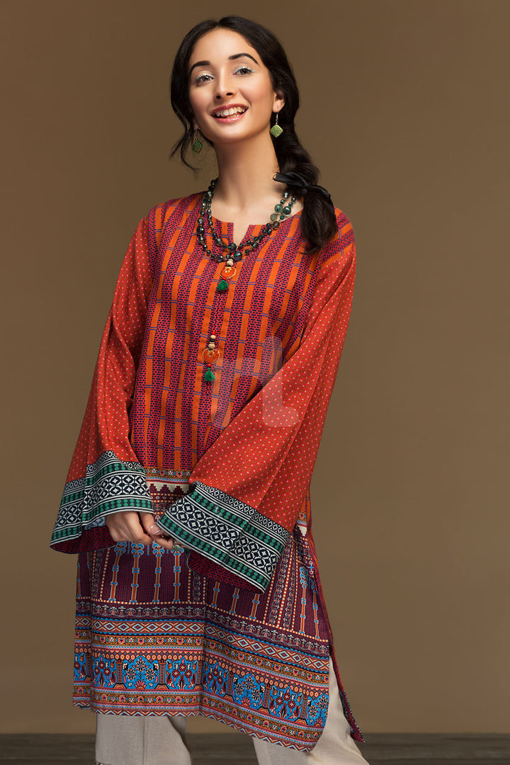 PW19-36 Orange Printed Stitched Cotton Karandi Shirt - 1PC - Nishat Linen UAE