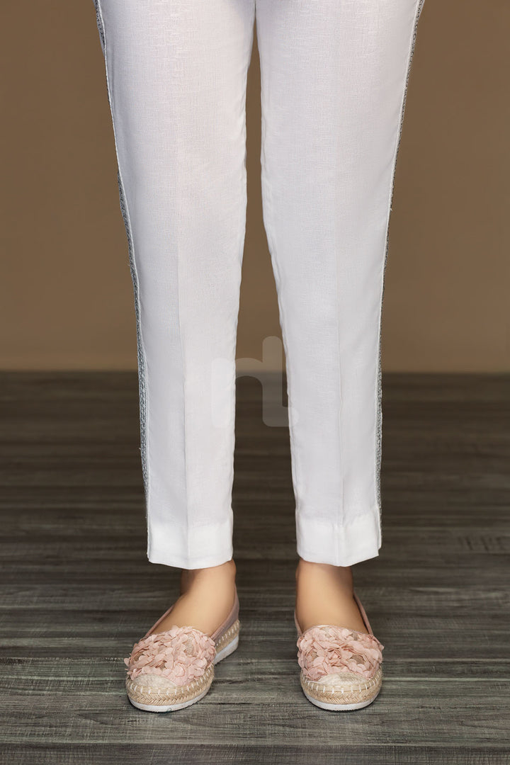 PW19-44 White Dyed Stitched Straight Karandi Trouser For Women - Nishat Linen UAE