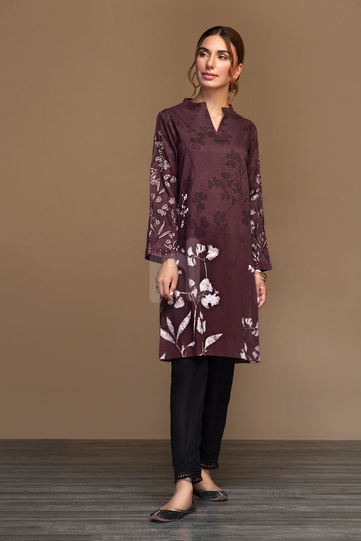PW19-49 Maroon Digital Printed Embroidered Stitched Cotton Karandi Shirt - 1PC - Nishat Linen UAE