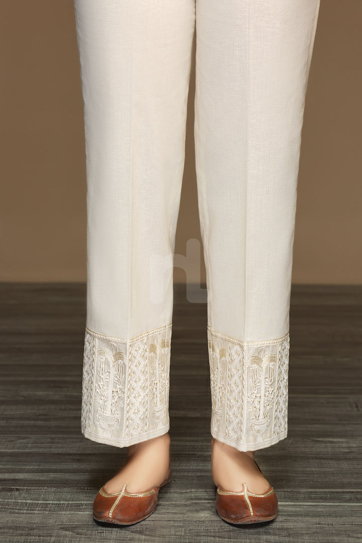 PW19-66 Beige Dyed Embroidered Stitched Loose Straight Karandi Trouser For Women - Nishat Linen UAE