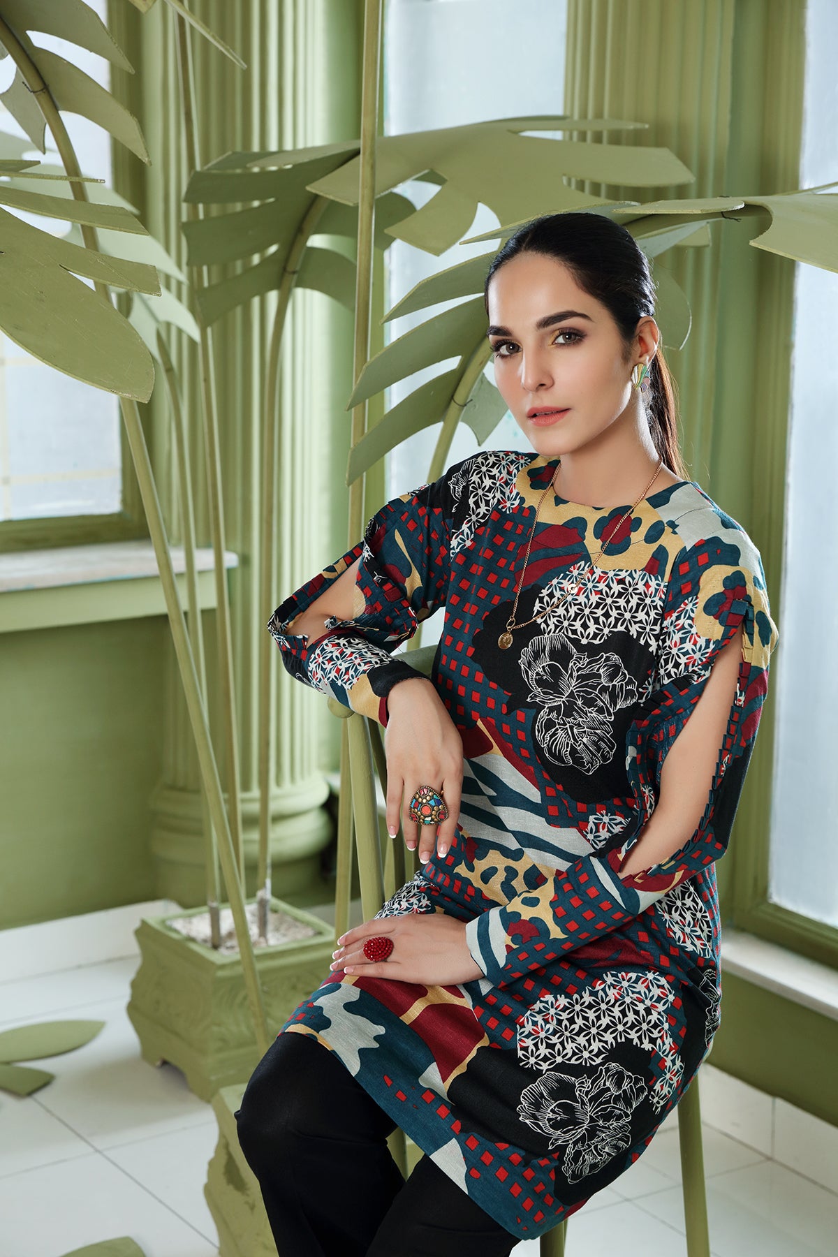 PW20-149 Printed Stitched Karandi Shirt With Mask-1PC