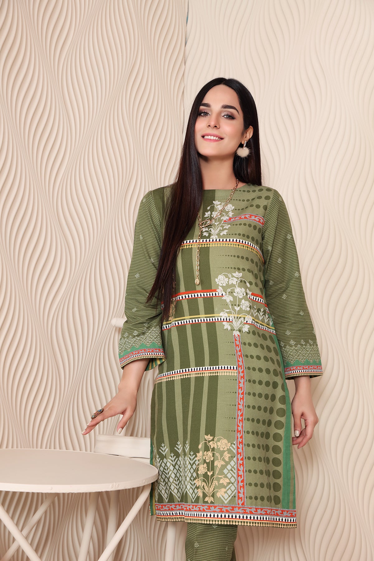 PW20-58 Printed Stitched Cotton Karandi Shirt & Trouser with Mask- 2PC