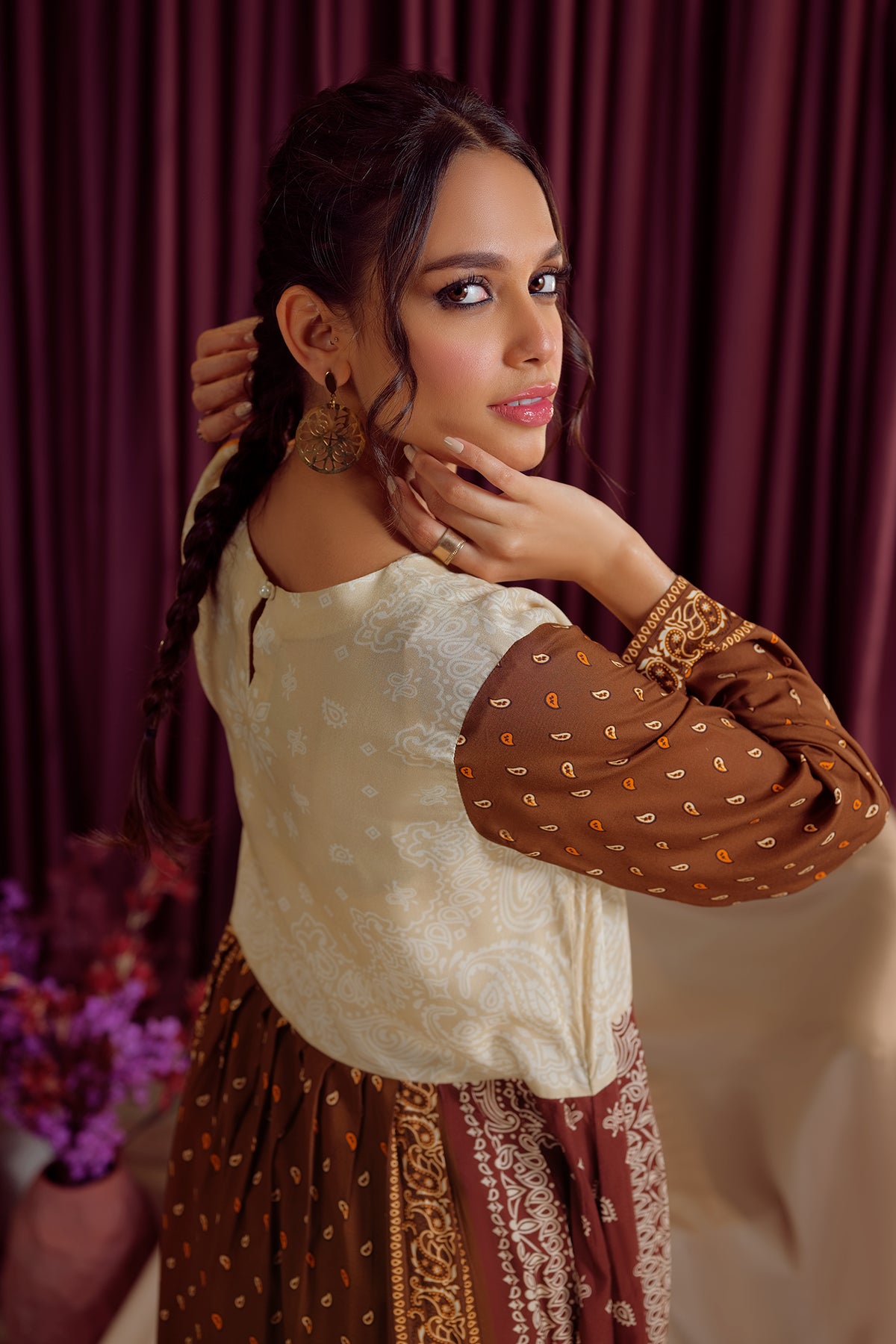 PW22-186-Pleat Detailing Printed Shirt 1PC