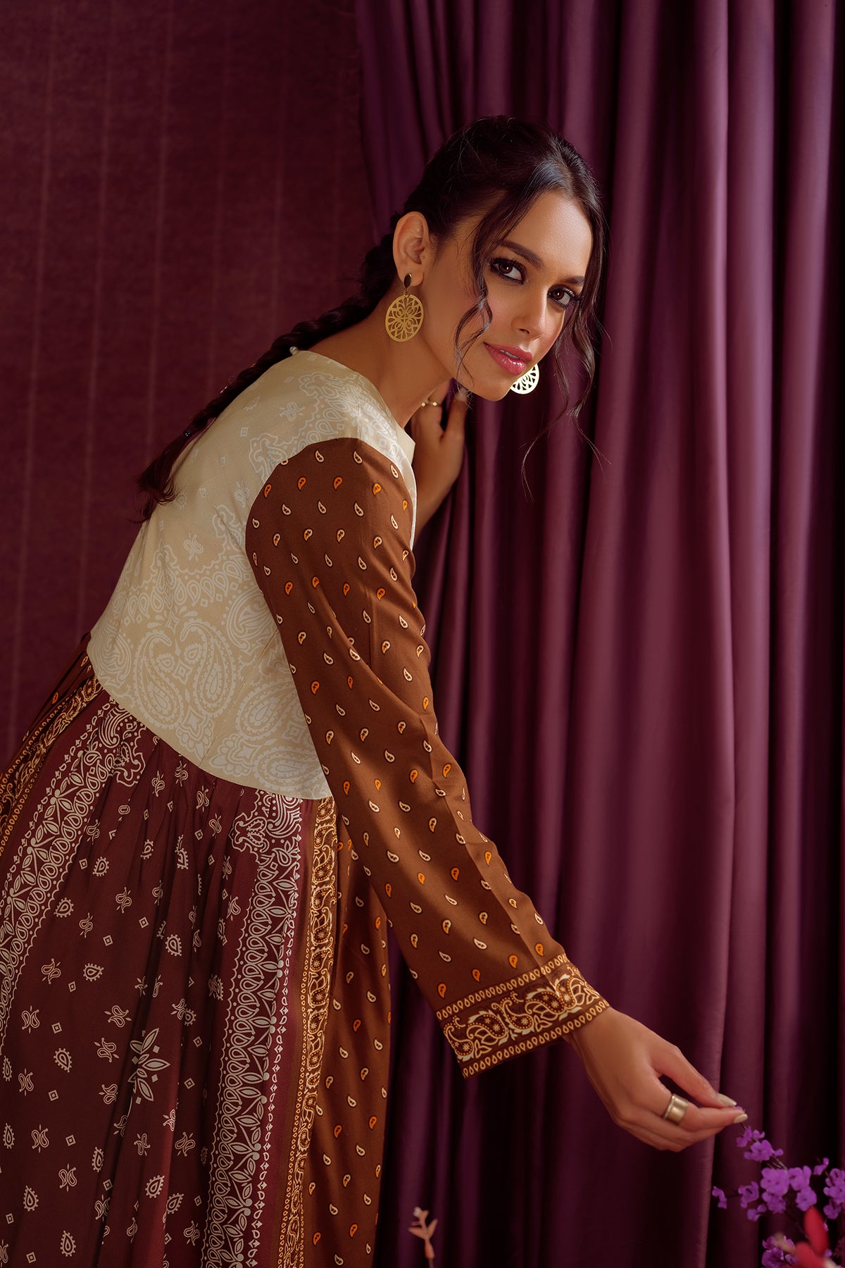 PW22-186-Pleat Detailing Printed Shirt 1PC