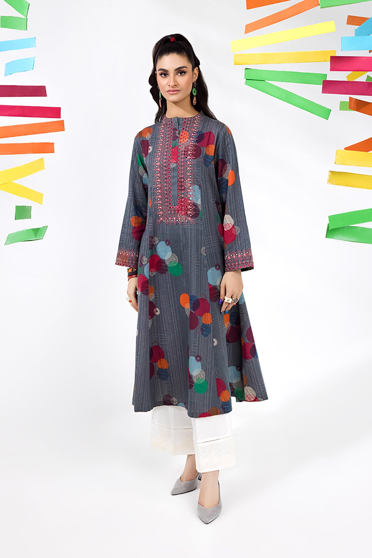 PW22-25-Printed Embroidered Kimono Shirt 1PC