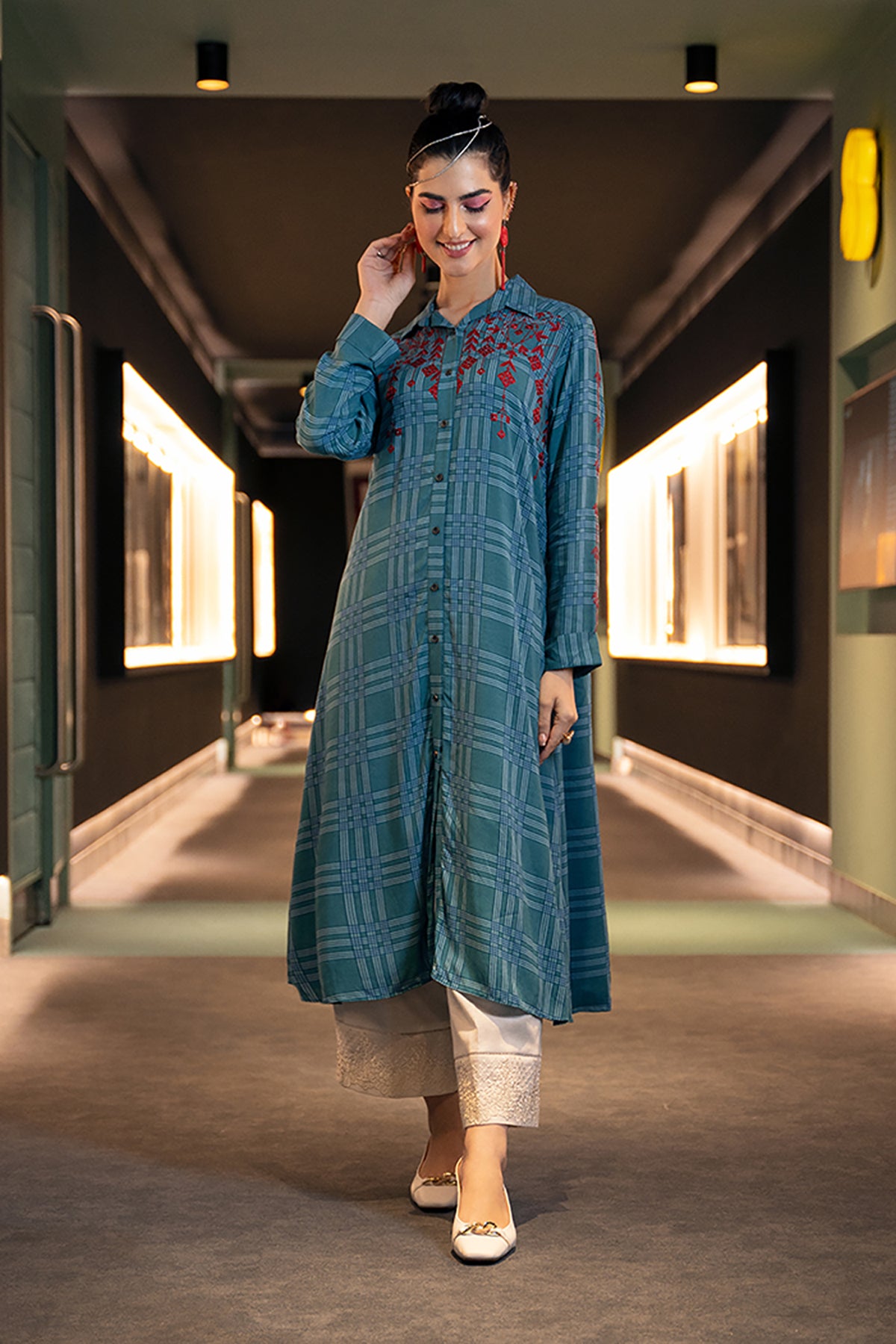 PW22-76-Button Down Printed Embroidered Shirt 1PC