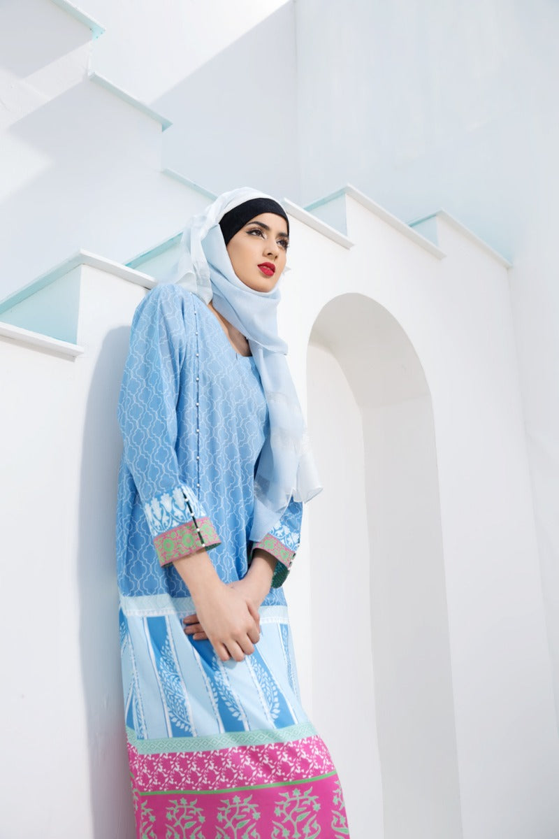 DE18-31 Blue Digital Printed Stitched Lawn Jalabiya - Nishat Linen UAE