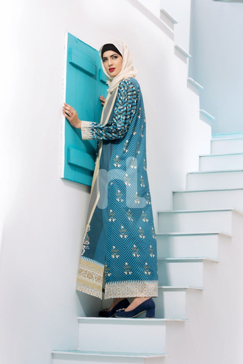 DE18-08 Blue Digital Printed Stitched Lawn Jalabiya - Nishat Linen UAE
