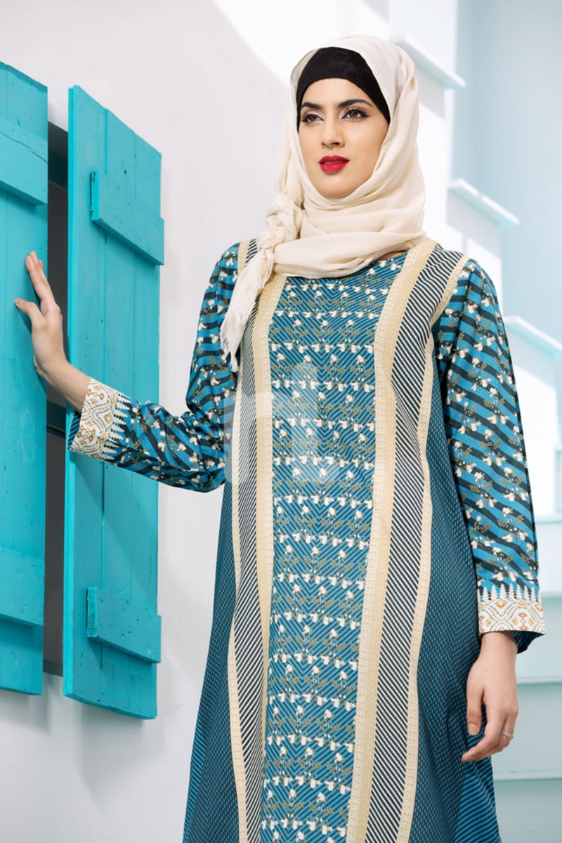 DE18-08 Blue Digital Printed Stitched Lawn Jalabiya - Nishat Linen UAE