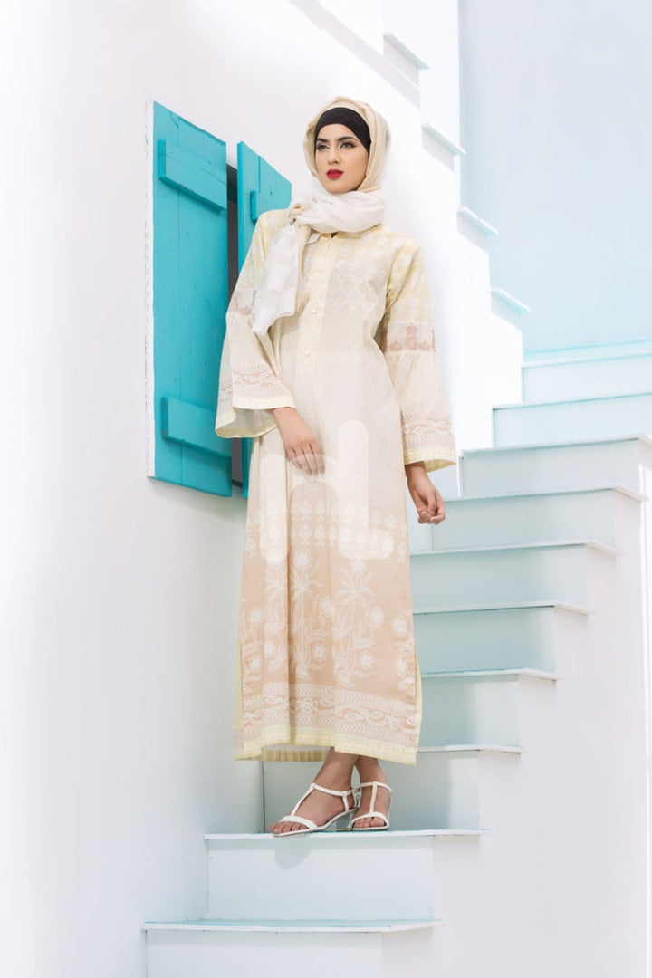 DE18-10 Yellow Digital Printed Stitched Cambric Jalabiya - Nishat Linen UAE