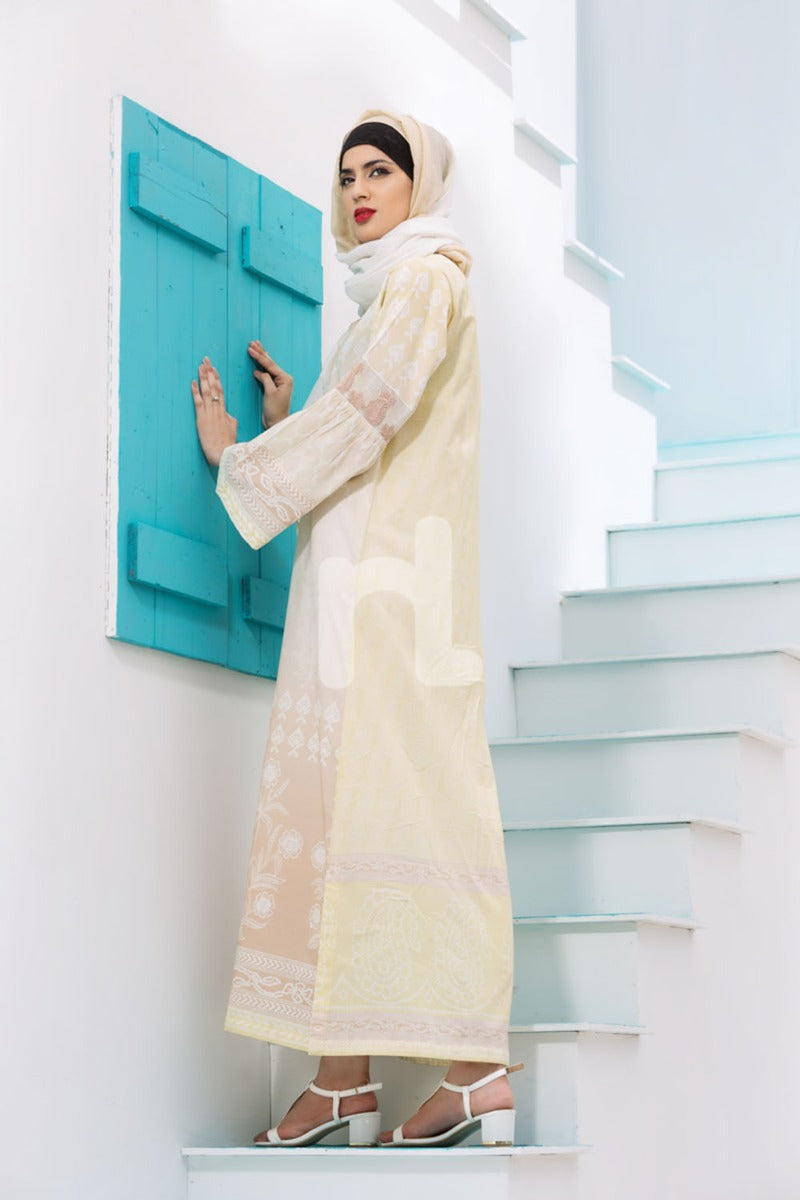DE18-10 Yellow Digital Printed Stitched Cambric Jalabiya - Nishat Linen UAE