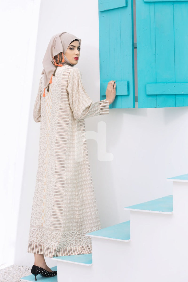DE18-11 Beige Digital Printed Stitched Cambric Jalabiya - Nishat Linen UAE