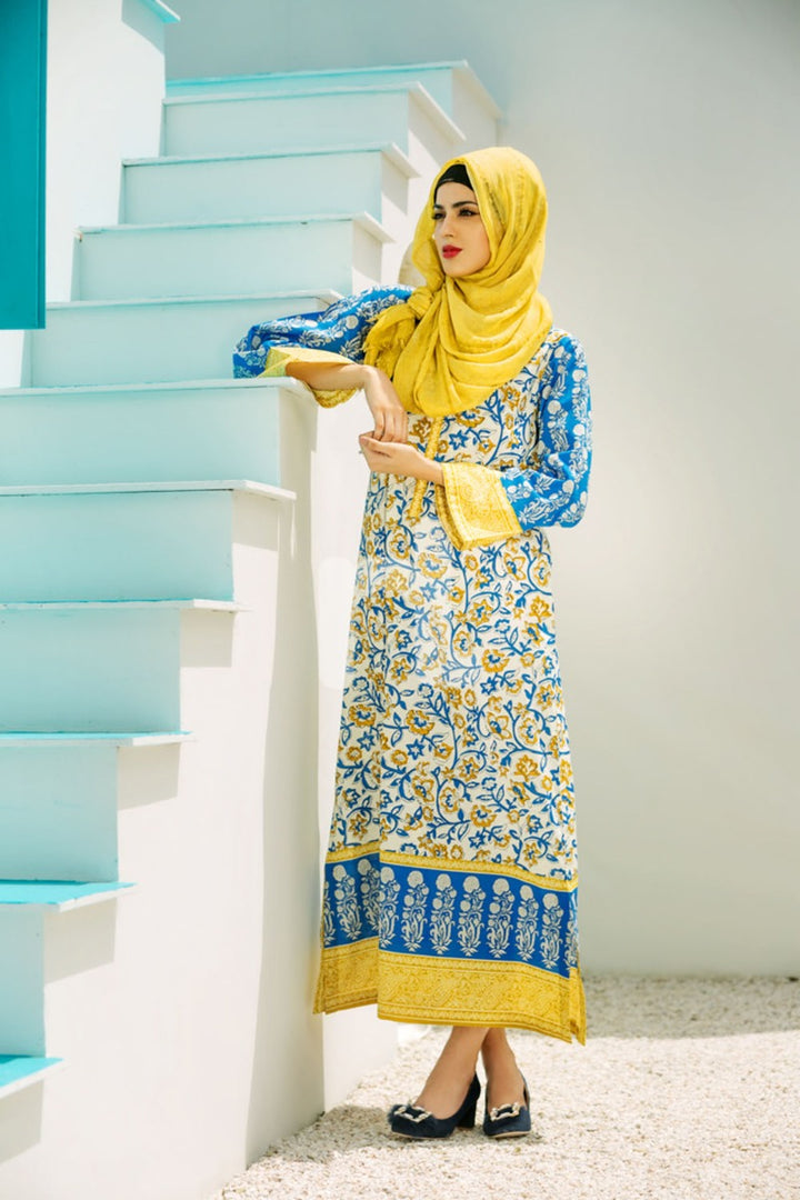 DE18-20 Blue Digital Printed Stitched Cambric Jalabiya - Nishat Linen UAE