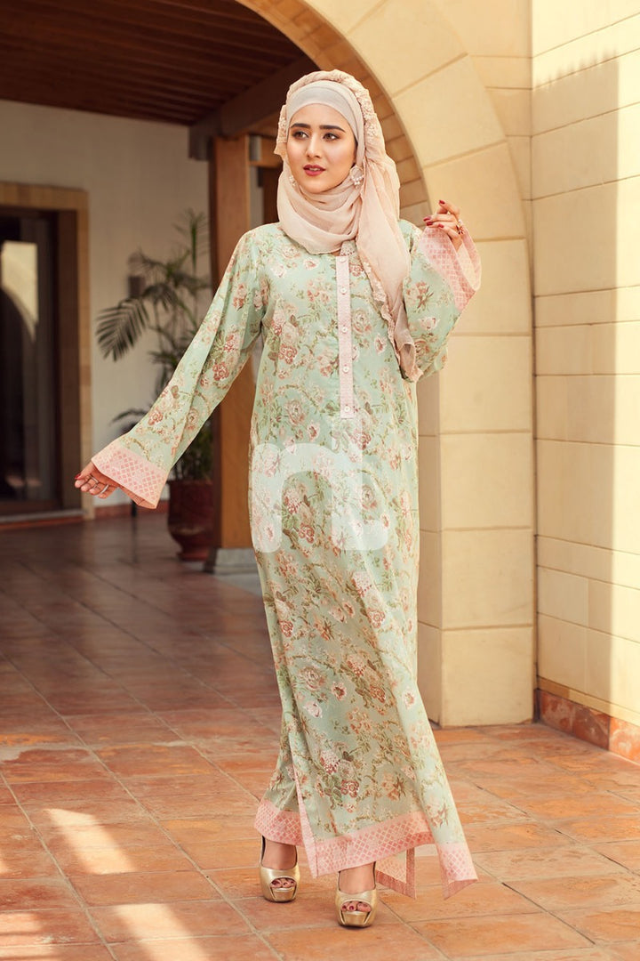 DE19-21 Green Digital Printed Stitched Pima Cotton Jalabiya - 1PC - Nishat Linen UAE