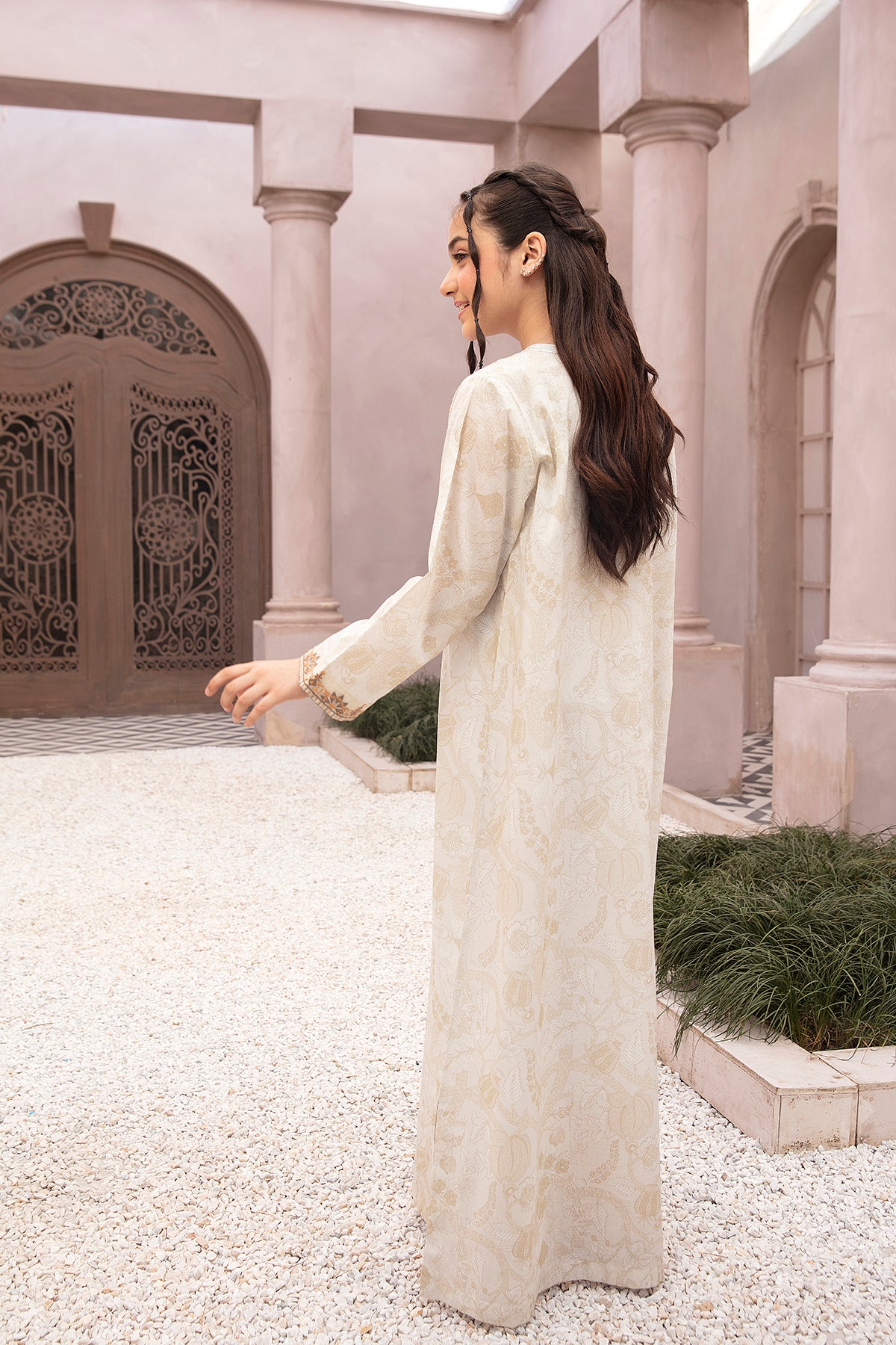 DE22-24-Organza Detailing Printed Embroidered Fustaan 1PC