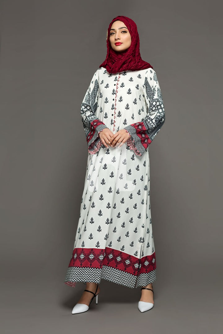 DW18-14 White Digital Printed Stitched Cotton Modal Jalabiya - 1PC - Nishat Linen UAE
