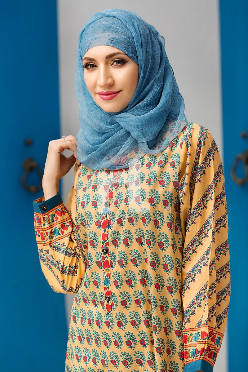 DS18-55 Yellow Printed Stitched Jalabiya - 1PC - Nishat Linen UAE