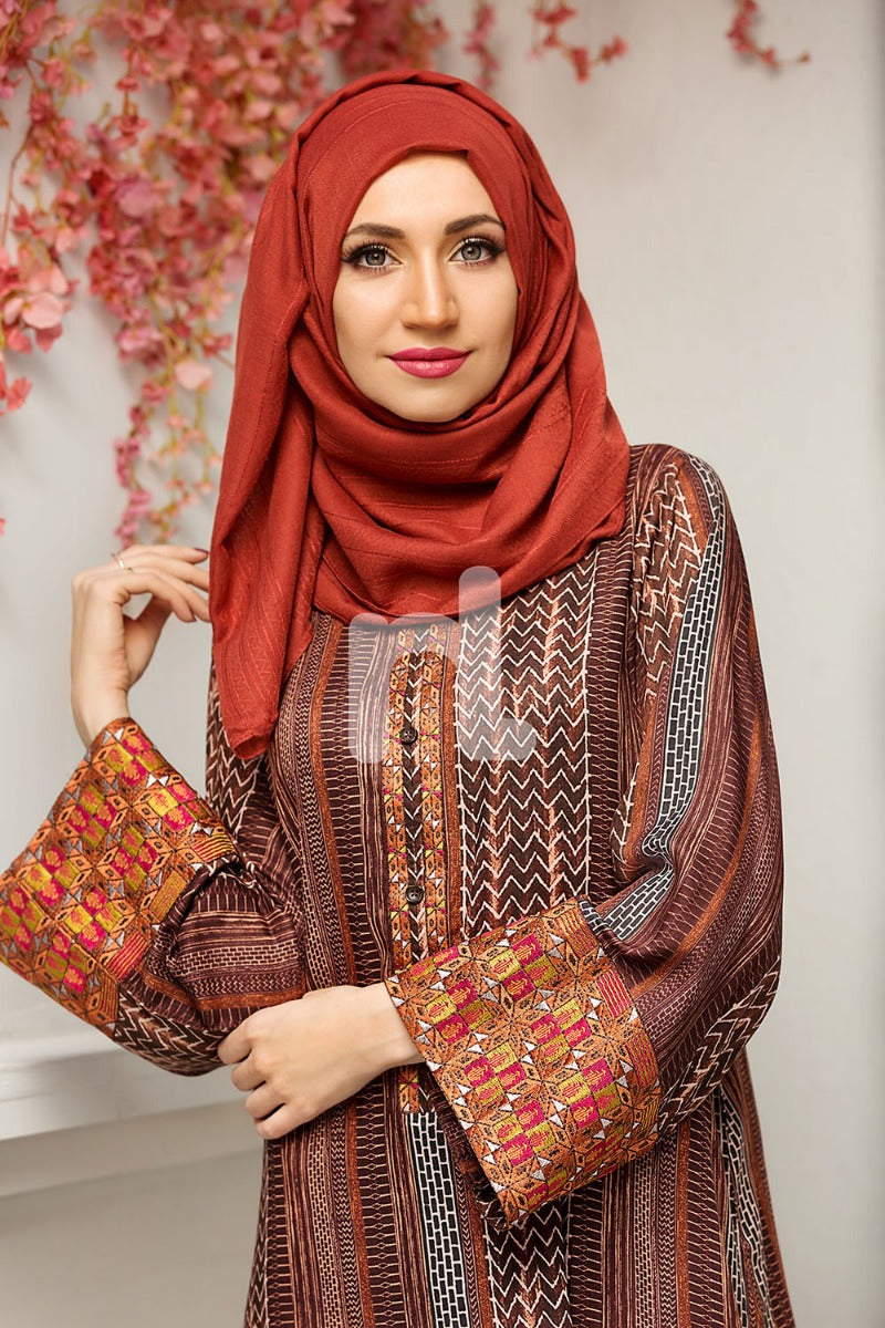 DS18-70 Brown Digital Printed Stitched Jalabiya - 1PC - Nishat Linen UAE