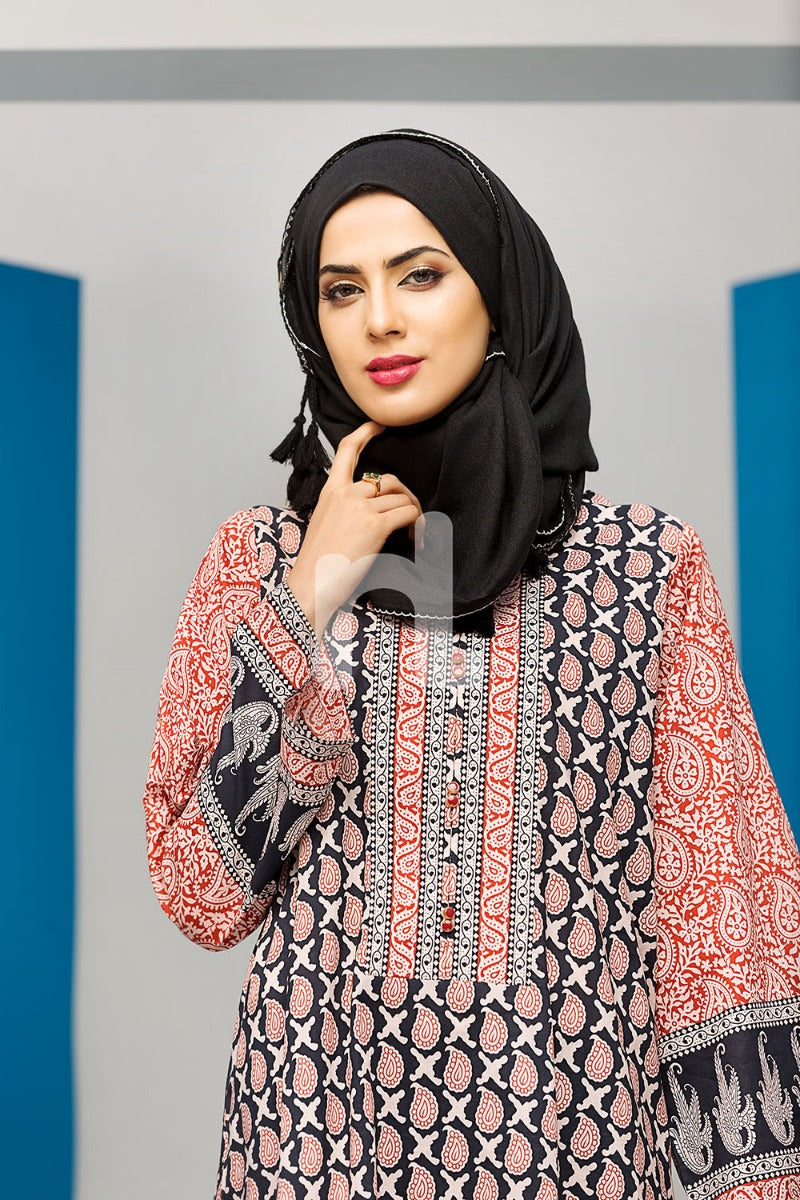 DS18-85 Black Digital Printed Stitched Jalabiya - 1PC - Nishat Linen UAE